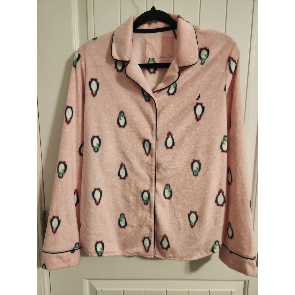 NEW Nautica Women's Pajama Sleepwear Set Silky Stretch Fleece Pink Pinguins LX